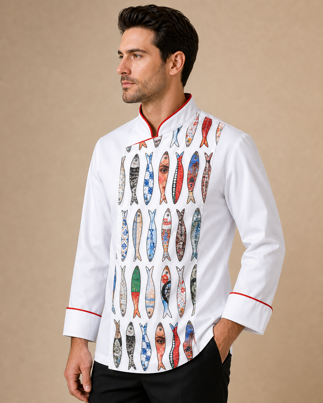 Jaleca Sardinhas de homem - lateral com modelo